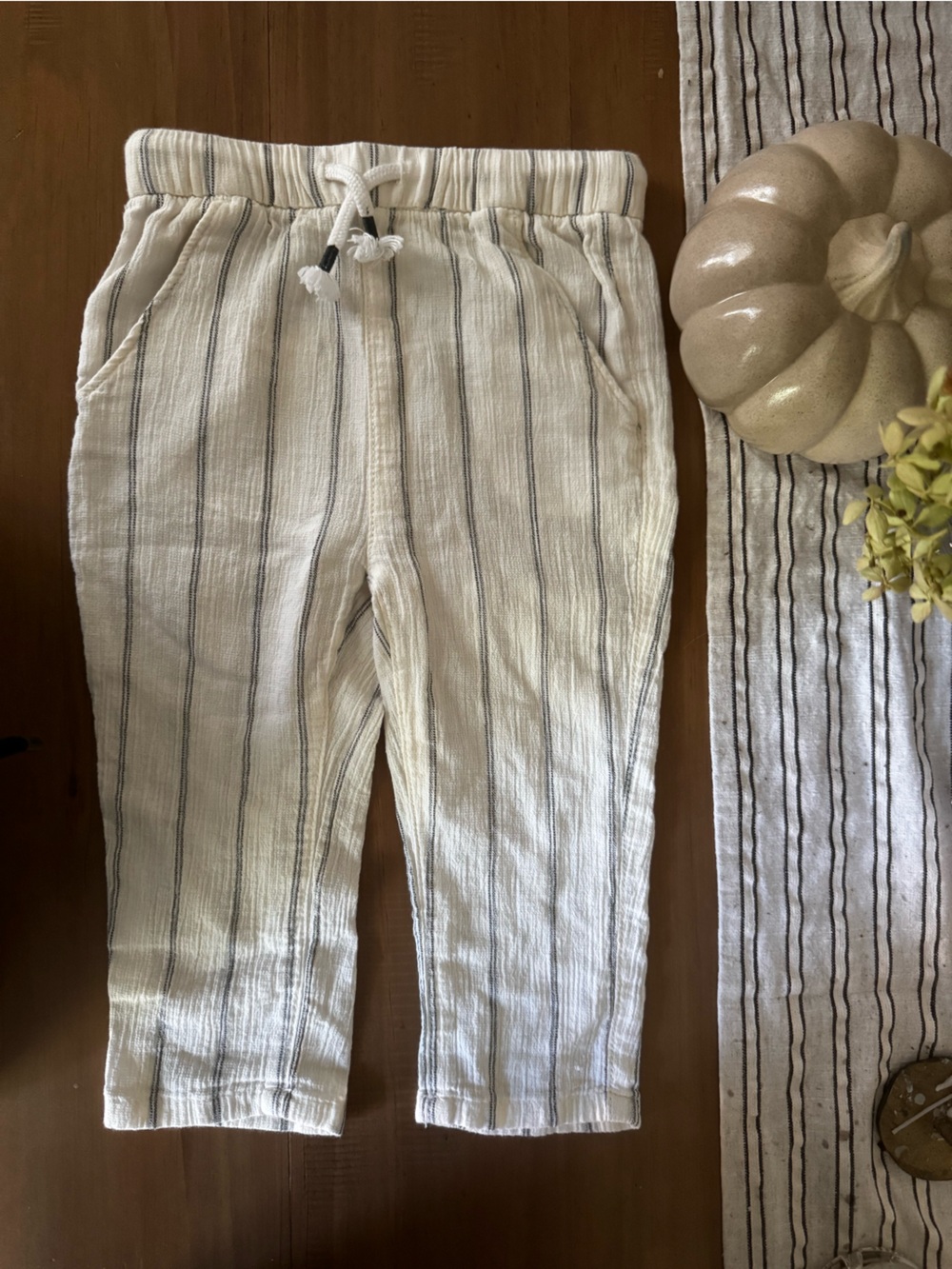 Kids White Striped Drawstring Pants
